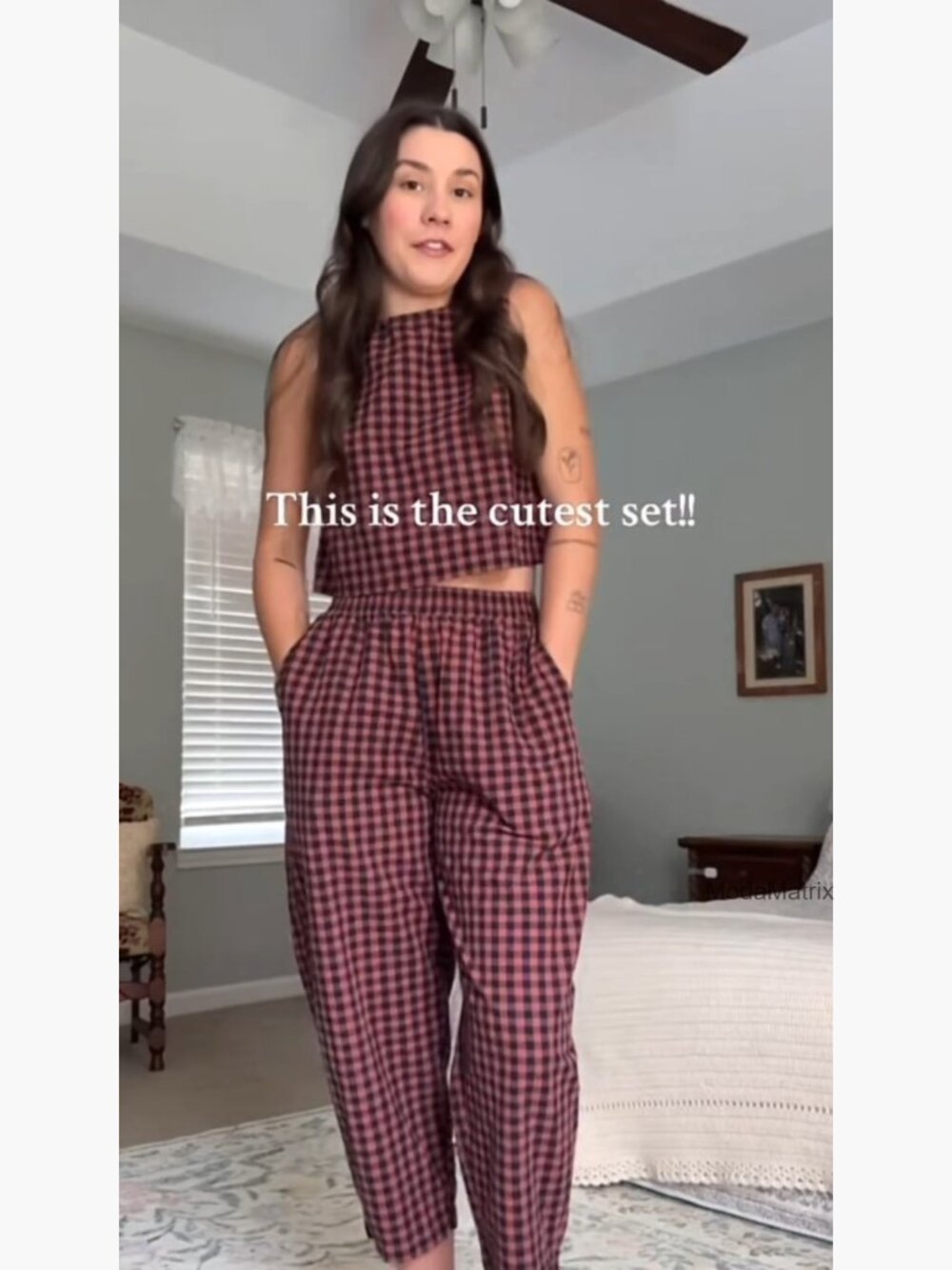 Cotton Gingham 2 Piece Outfit Summer Tank Top Pants Matching Lounge Set - Picture 7 of 7